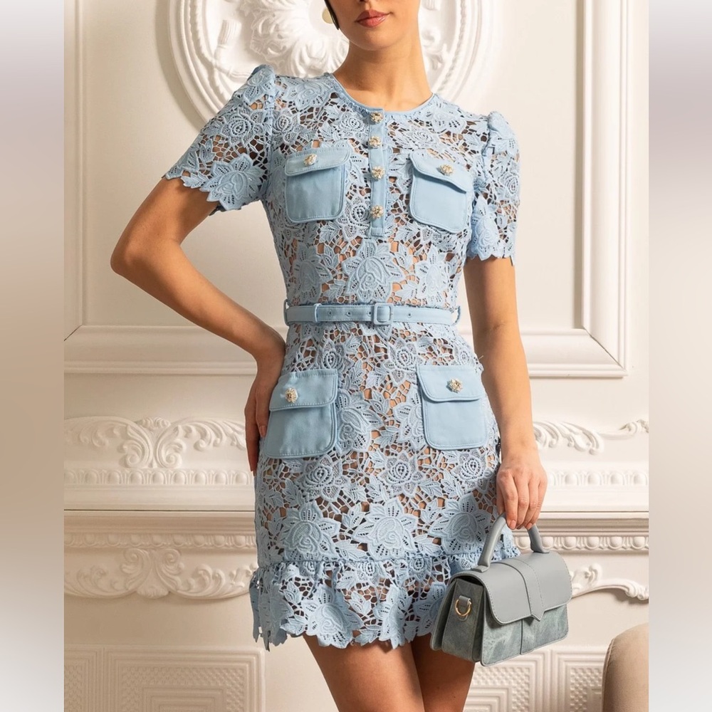Light Blue Lace Mini Dress with Belted Waist